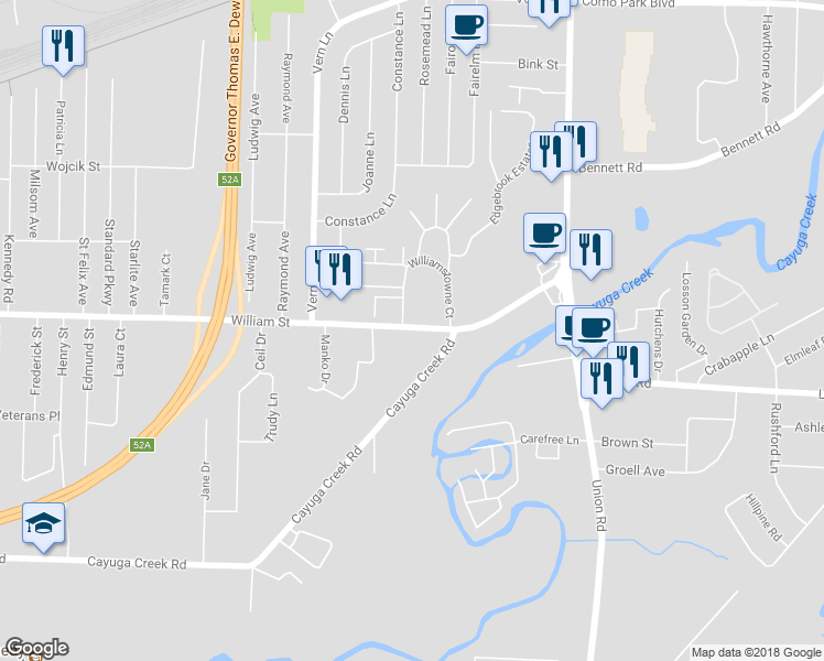 map of restaurants, bars, coffee shops, grocery stores, and more near 2953 William Street in Cheektowaga