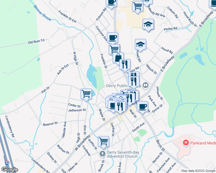 map of restaurants, bars, coffee shops, grocery stores, and more near 7 Rollins Street in Derry