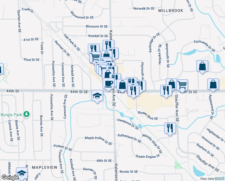 map of restaurants, bars, coffee shops, grocery stores, and more near Kalamazoo Ave SE & 44th St SE in Grand Rapids
