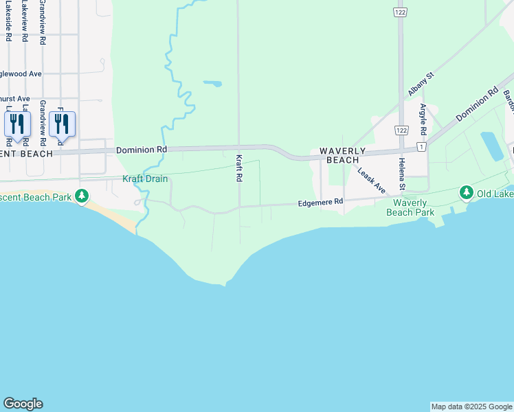 map of restaurants, bars, coffee shops, grocery stores, and more near 1125 Edgemere Road in Fort Erie