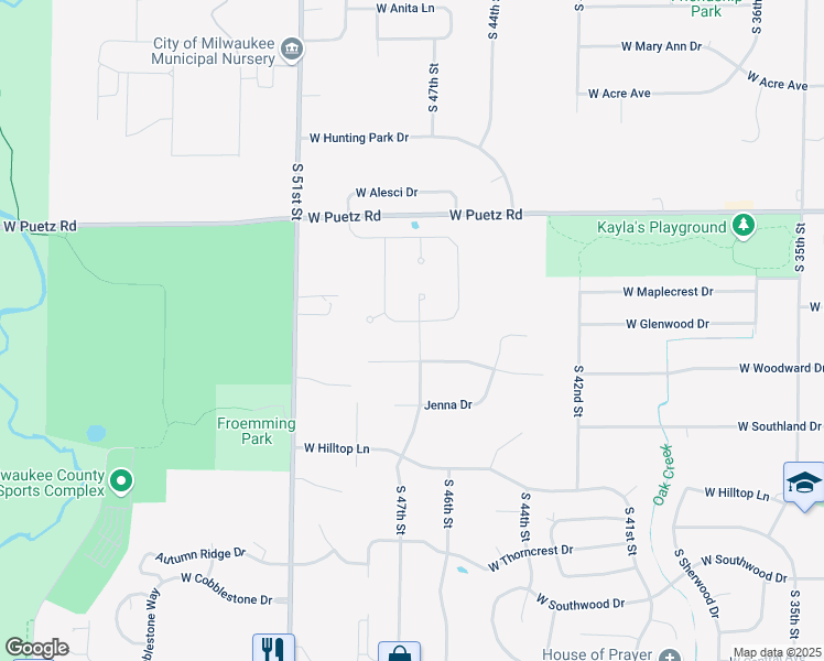map of restaurants, bars, coffee shops, grocery stores, and more near 4732 West Woodward Drive in Franklin