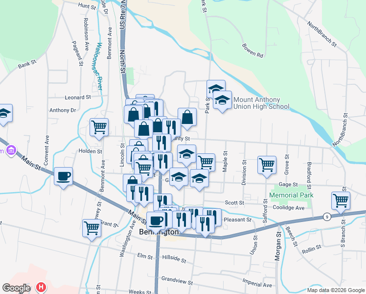 map of restaurants, bars, coffee shops, grocery stores, and more near 330 School Street in Bennington