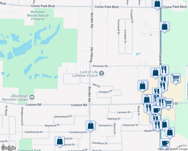 map of restaurants, bars, coffee shops, grocery stores, and more near 1049 Borden Road in Depew