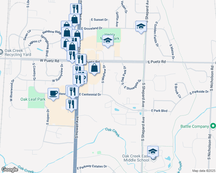 map of restaurants, bars, coffee shops, grocery stores, and more near 8870 South Mayhew Drive in Oak Creek
