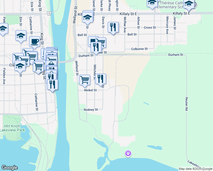 map of restaurants, bars, coffee shops, grocery stores, and more near 189 Davis Street in Port Colborne