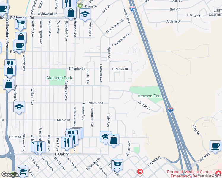 map of restaurants, bars, coffee shops, grocery stores, and more near 1302 Ammon Street in Pocatello