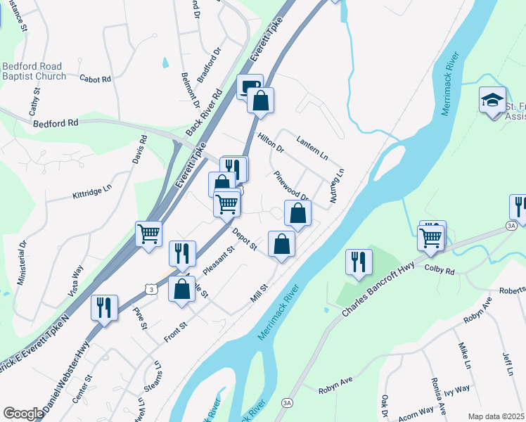 map of restaurants, bars, coffee shops, grocery stores, and more near 4 Wren Court in Merrimack