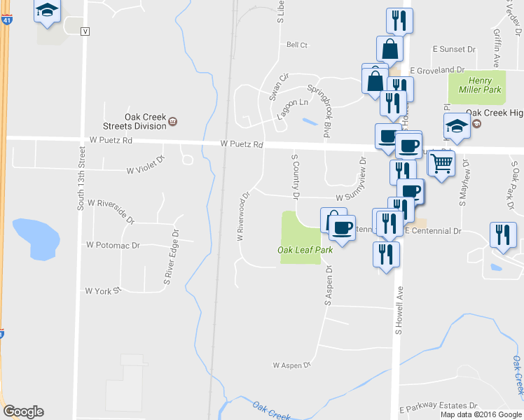 map of restaurants, bars, coffee shops, grocery stores, and more near 525 West Sunnyview Drive in Oak Creek