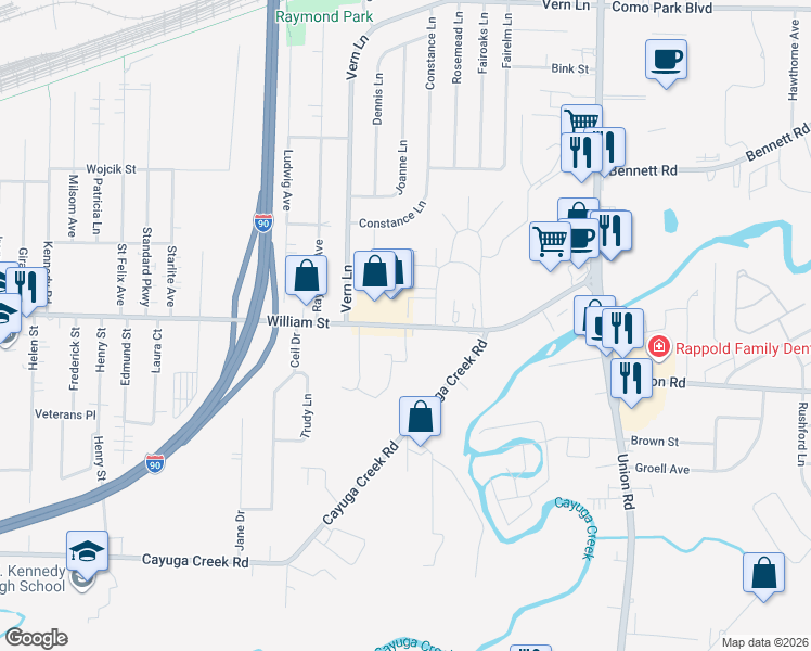 map of restaurants, bars, coffee shops, grocery stores, and more near 2940 William Street in Buffalo