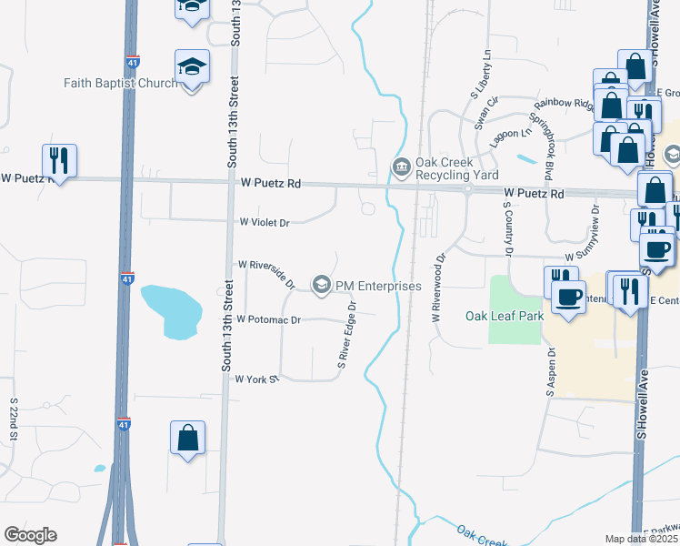 map of restaurants, bars, coffee shops, grocery stores, and more near 8872 South River Court in Oak Creek