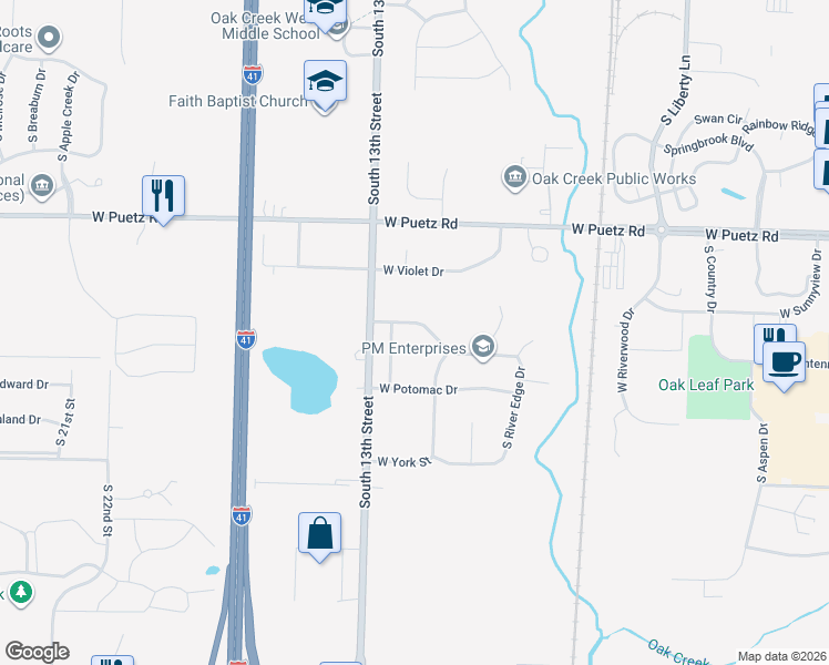 map of restaurants, bars, coffee shops, grocery stores, and more near 1045 West Riverside Drive in Oak Creek