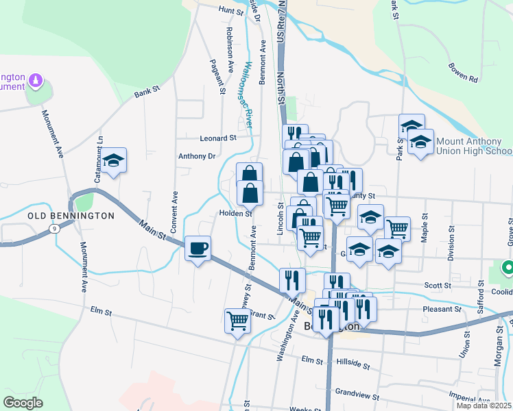 map of restaurants, bars, coffee shops, grocery stores, and more near 153 Benmont Avenue in Bennington