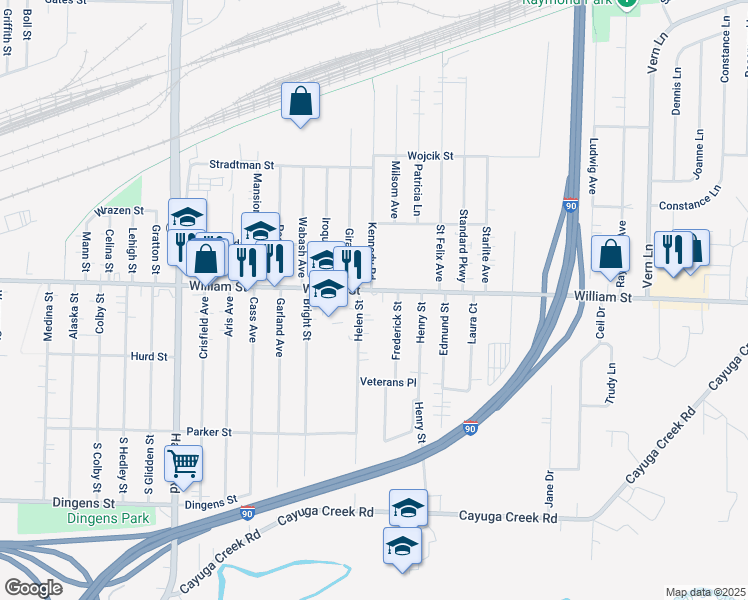map of restaurants, bars, coffee shops, grocery stores, and more near 82 Frederick Street in Buffalo