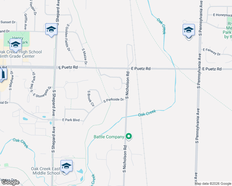 map of restaurants, bars, coffee shops, grocery stores, and more near 1420 South Parkside Drive in Oak Creek