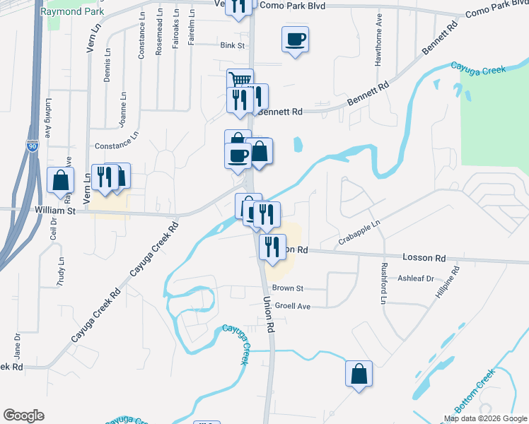 map of restaurants, bars, coffee shops, grocery stores, and more near 2643 Union Road in Cheektowaga