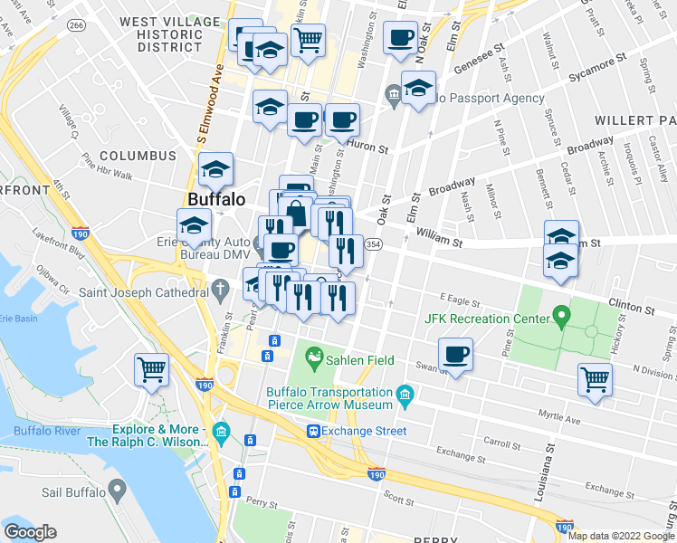 map of restaurants, bars, coffee shops, grocery stores, and more near Ellicott St & E Eagle St in Buffalo