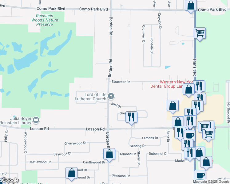 map of restaurants, bars, coffee shops, grocery stores, and more near 1049 Borden Road in Depew