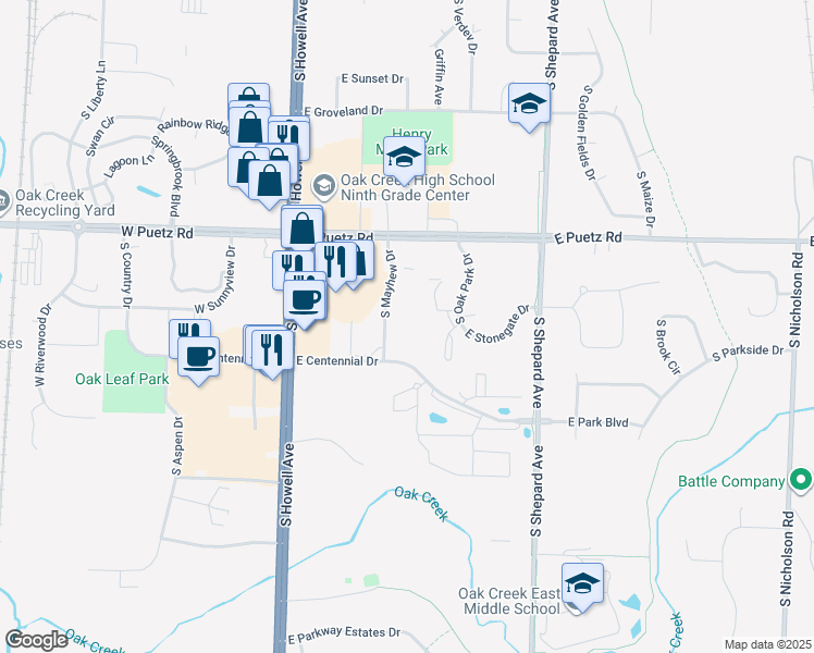 map of restaurants, bars, coffee shops, grocery stores, and more near 8870 South Mayhew Drive in Oak Creek