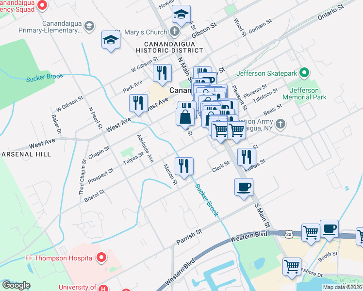 map of restaurants, bars, coffee shops, grocery stores, and more near 70 Bristol Street in Canandaigua