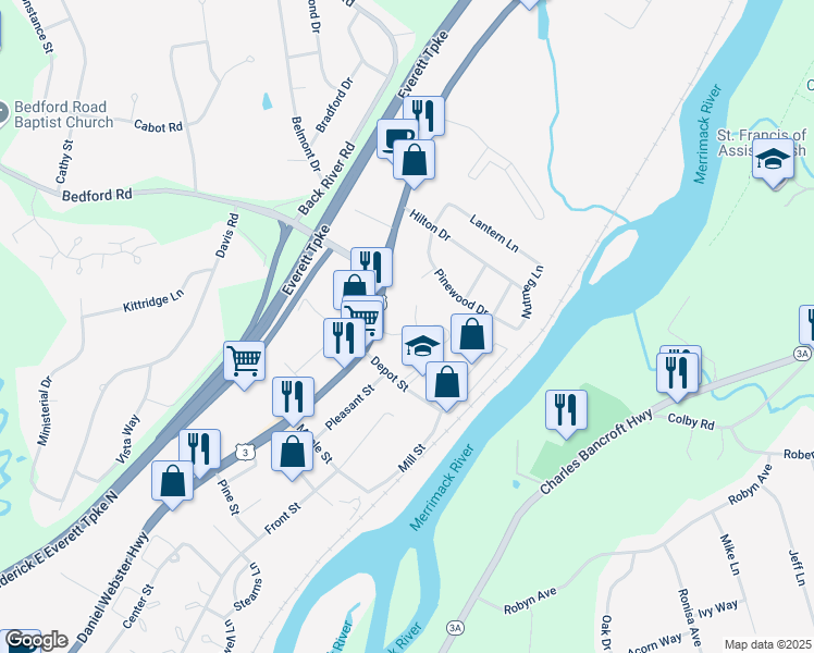 map of restaurants, bars, coffee shops, grocery stores, and more near 2 Wren Court in Merrimack