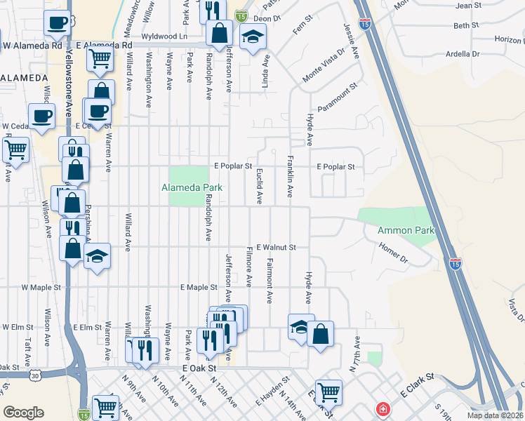 map of restaurants, bars, coffee shops, grocery stores, and more near 1053 East Pine Street in Pocatello