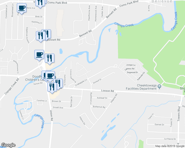 map of restaurants, bars, coffee shops, grocery stores, and more near 20 Elmleaf Drive in Buffalo