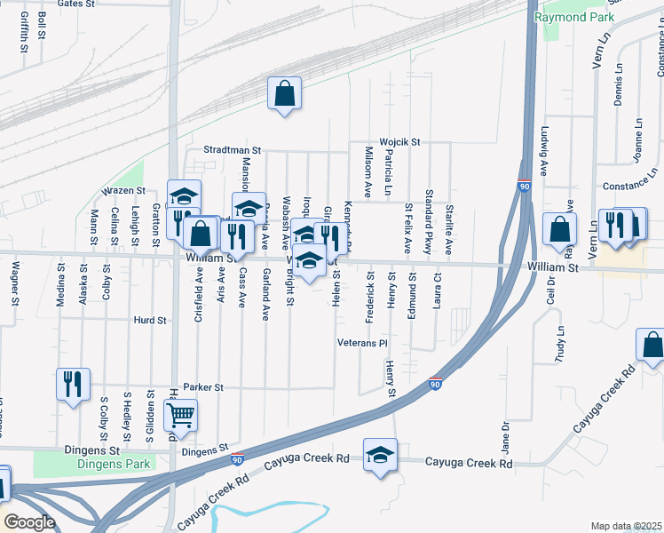 map of restaurants, bars, coffee shops, grocery stores, and more near 224 Helen Street in Cheektowaga