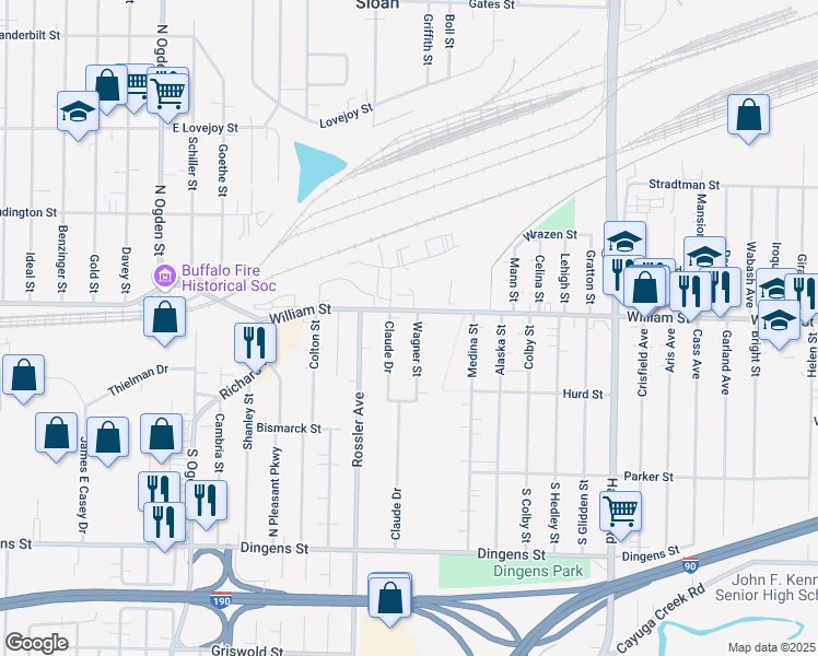 map of restaurants, bars, coffee shops, grocery stores, and more near 215 Wagner Street in Buffalo