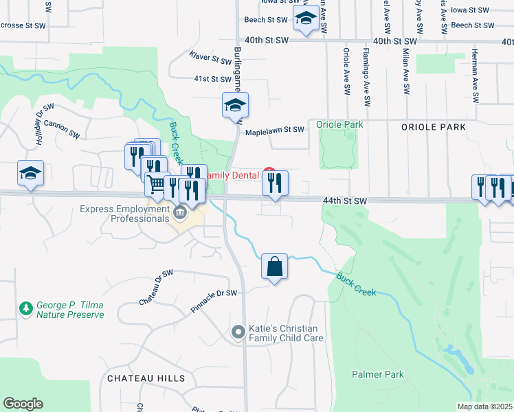 map of restaurants, bars, coffee shops, grocery stores, and more near Buck Creek Nature Preserve Trail in Wyoming