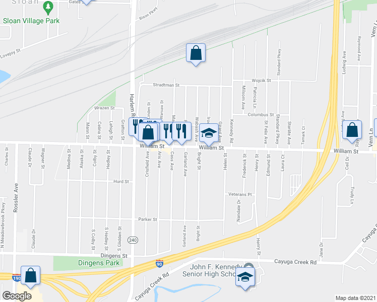 map of restaurants, bars, coffee shops, grocery stores, and more near 2445 William Street in Buffalo