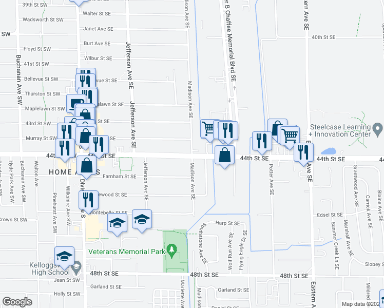 map of restaurants, bars, coffee shops, grocery stores, and more near 399 44th Street Southeast in Wyoming