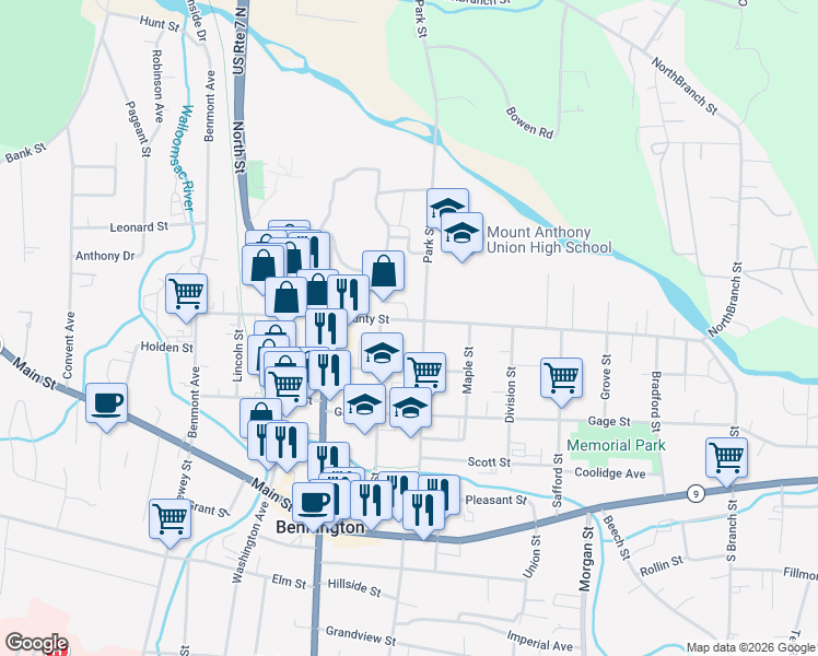 map of restaurants, bars, coffee shops, grocery stores, and more near 323 School Street in Bennington