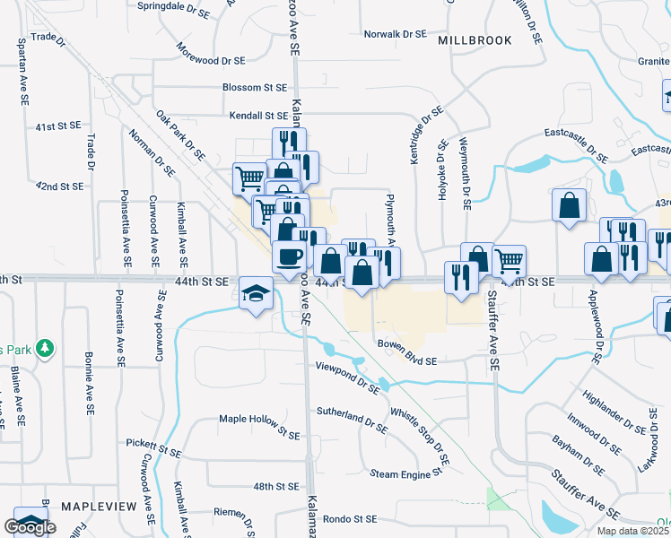map of restaurants, bars, coffee shops, grocery stores, and more near in Kentwood