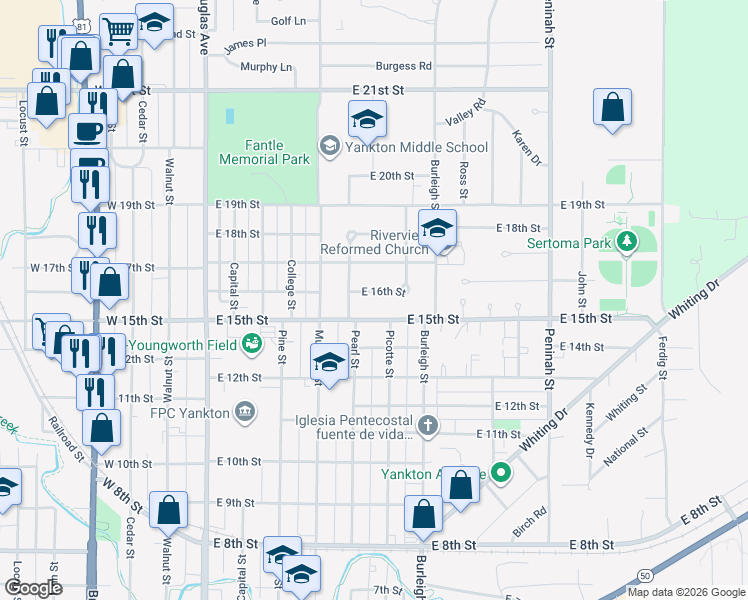 map of restaurants, bars, coffee shops, grocery stores, and more near 600-698 East 15th Street in Yankton