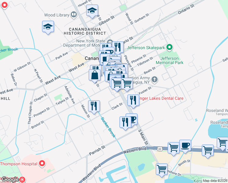 map of restaurants, bars, coffee shops, grocery stores, and more near 16 Antis Street in Canandaigua