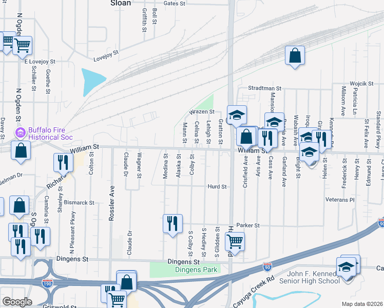 map of restaurants, bars, coffee shops, grocery stores, and more near 139 Colby Street in Buffalo