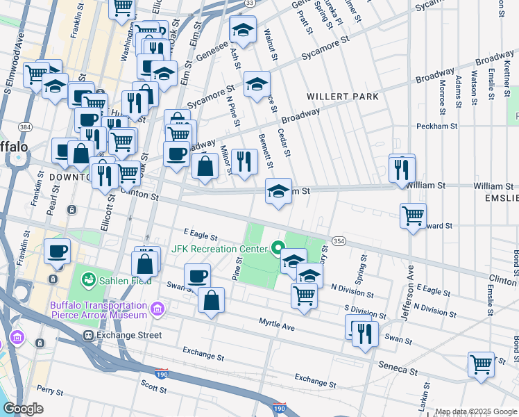 map of restaurants, bars, coffee shops, grocery stores, and more near 10 Durham Court in Buffalo