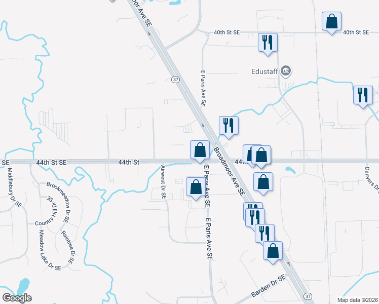 map of restaurants, bars, coffee shops, grocery stores, and more near 3965 44th Street Southeast in Grand Rapids