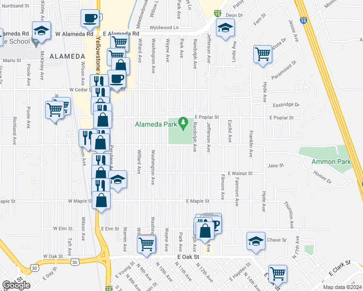map of restaurants, bars, coffee shops, grocery stores, and more near 498 Park Avenue in Pocatello