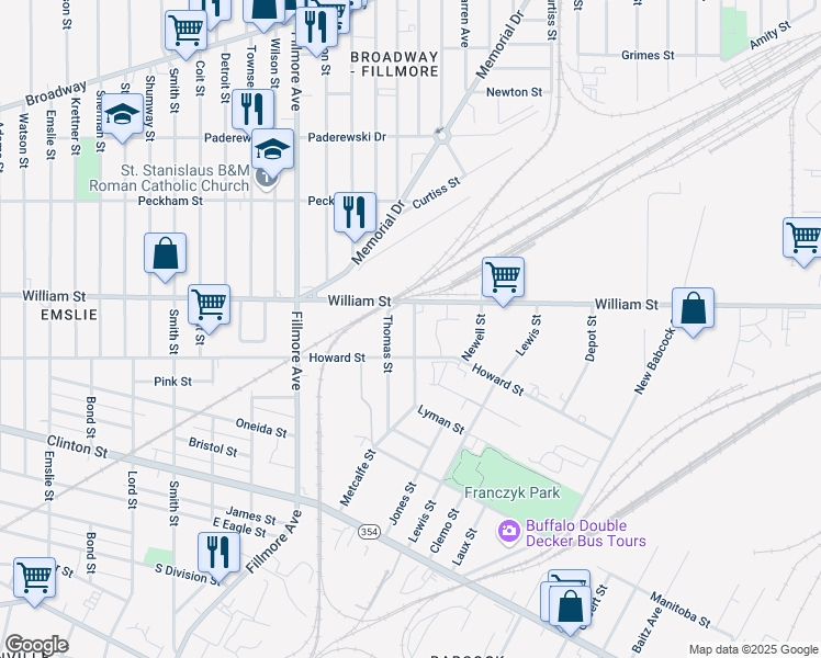 map of restaurants, bars, coffee shops, grocery stores, and more near 494 Howard Street in Buffalo