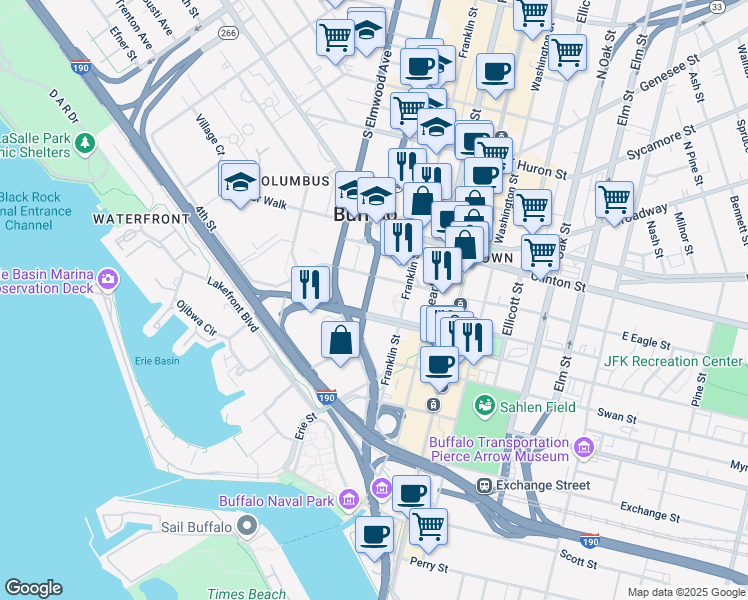 map of restaurants, bars, coffee shops, grocery stores, and more near 25 Delaware Avenue in Buffalo