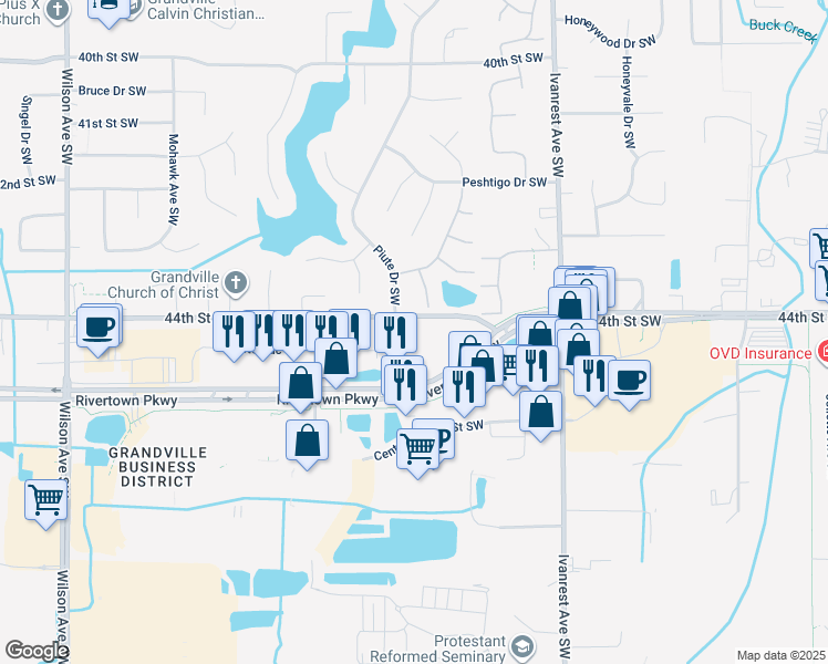 map of restaurants, bars, coffee shops, grocery stores, and more near 3451 Rivertown Point Court Southwest in Grandville
