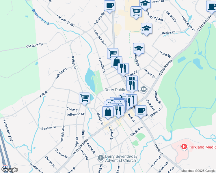 map of restaurants, bars, coffee shops, grocery stores, and more near 7 Rollins Street in Derry