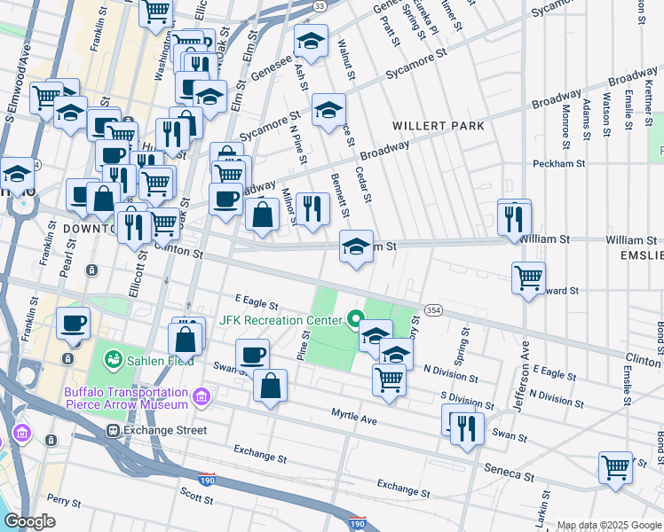 map of restaurants, bars, coffee shops, grocery stores, and more near 342 Clinton Street in Buffalo