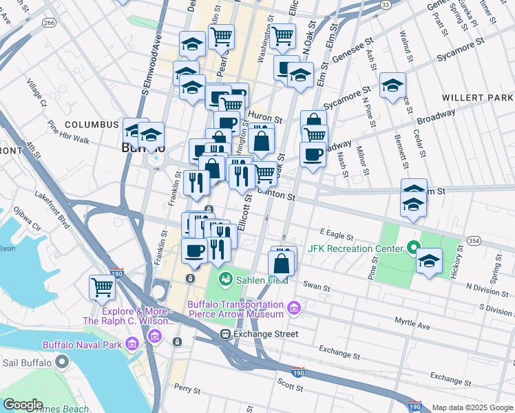 map of restaurants, bars, coffee shops, grocery stores, and more near 181 Ellicott Street in Buffalo