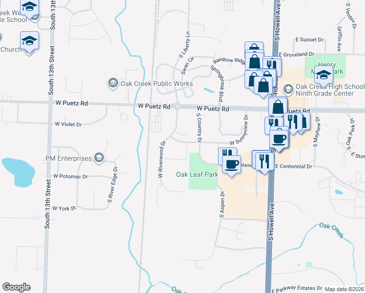 map of restaurants, bars, coffee shops, grocery stores, and more near 147-165 West Centennial Drive in Oak Creek