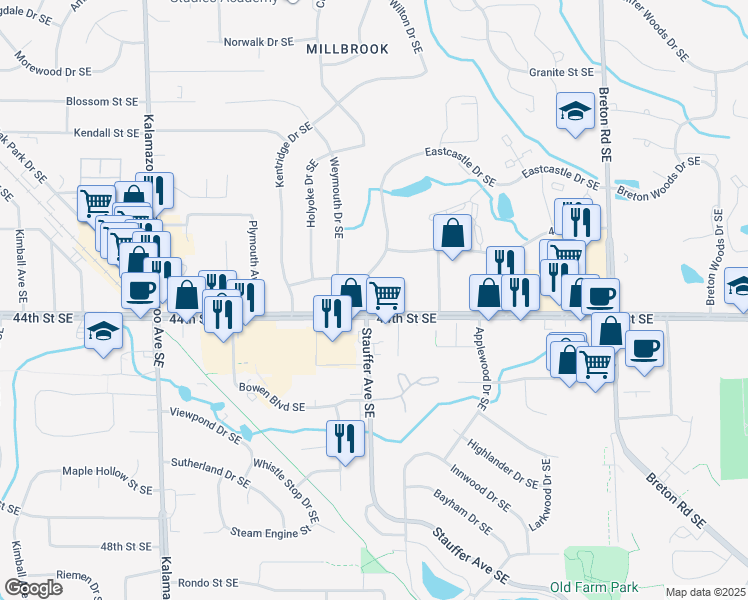map of restaurants, bars, coffee shops, grocery stores, and more near 1969 44th Street Southeast in Grand Rapids