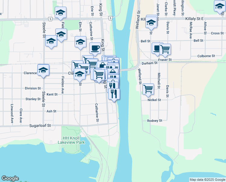 map of restaurants, bars, coffee shops, grocery stores, and more near 5 Kent Street in Port Colborne