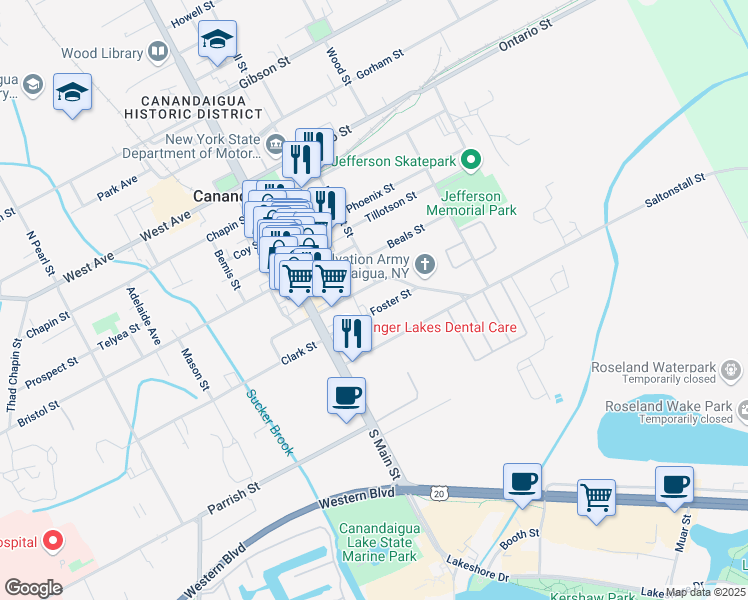map of restaurants, bars, coffee shops, grocery stores, and more near 47 Saltonstall Street in Canandaigua