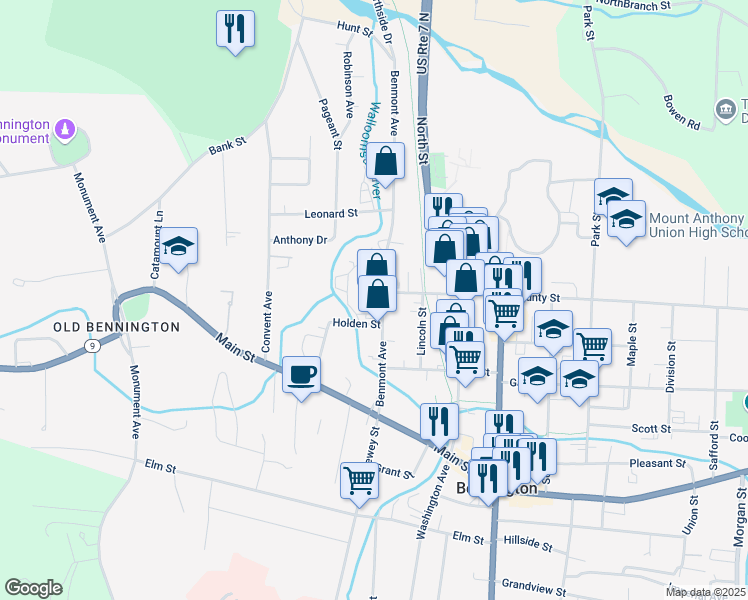 map of restaurants, bars, coffee shops, grocery stores, and more near 160 Benmont Avenue in Bennington